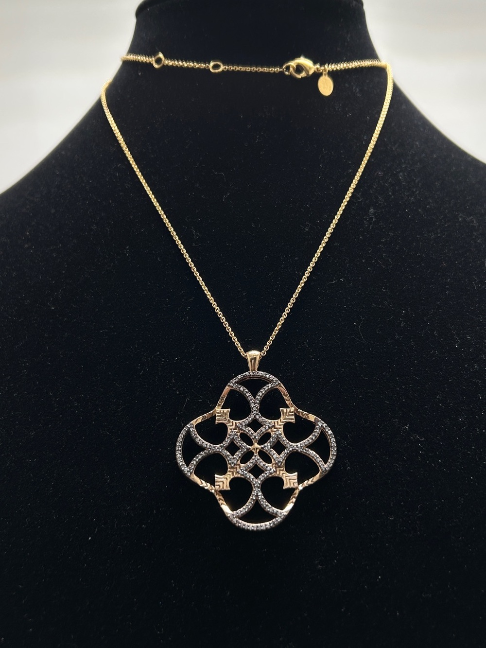 Stella & Dot, Wesley, Gold Maltese Cross Pendant Gray Crystals, Long Gold Chain